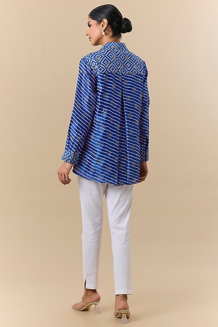 Blue Kora Silk Block Printed & Badla Embroidered Shirt by Prisha's at Pernia's Pop Up Shop