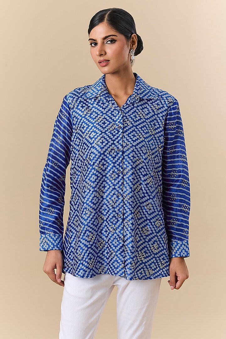Blue Kora Silk Block Printed & Badla Embroidered Shirt by Prisha's at Pernia's Pop Up Shop