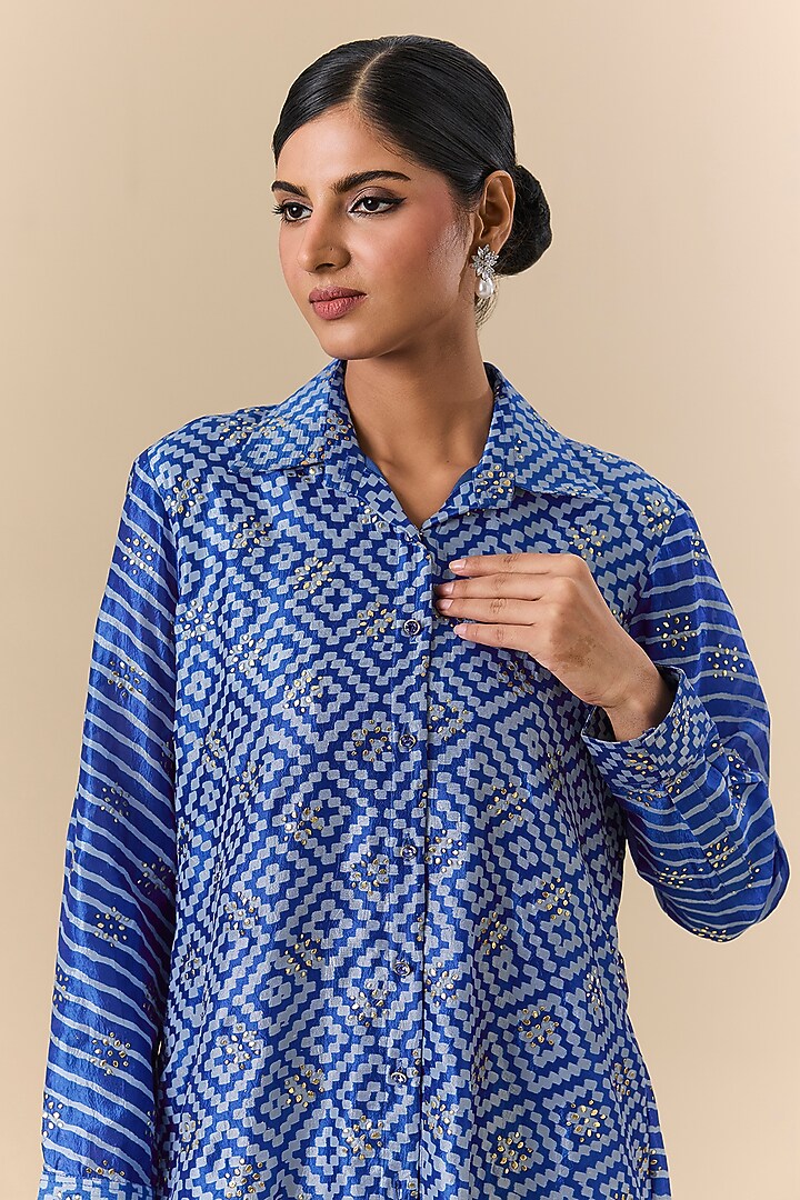 Blue Kora Silk Block Printed & Badla Embroidered Shirt by Prisha's at Pernia's Pop Up Shop