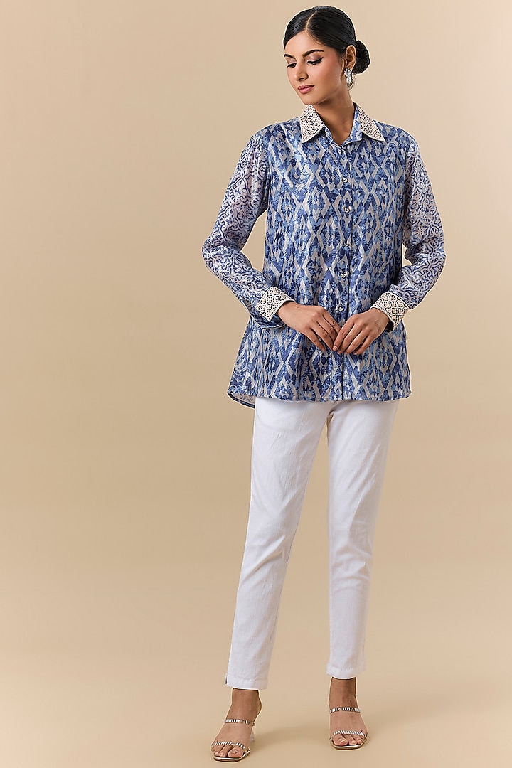 Indigo Denim & Kora Silk Block Printed Shirt by Prisha's at Pernia's Pop Up Shop