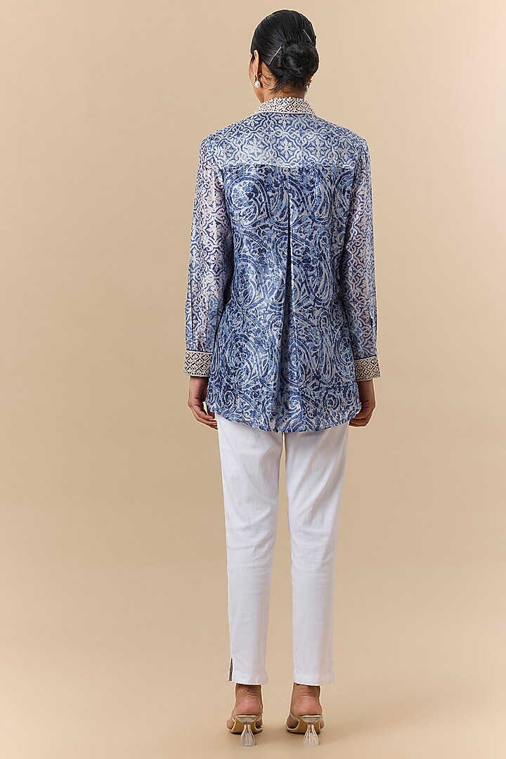 Indigo Denim & Kora Silk Block Printed Shirt by Prisha's at Pernia's Pop Up Shop