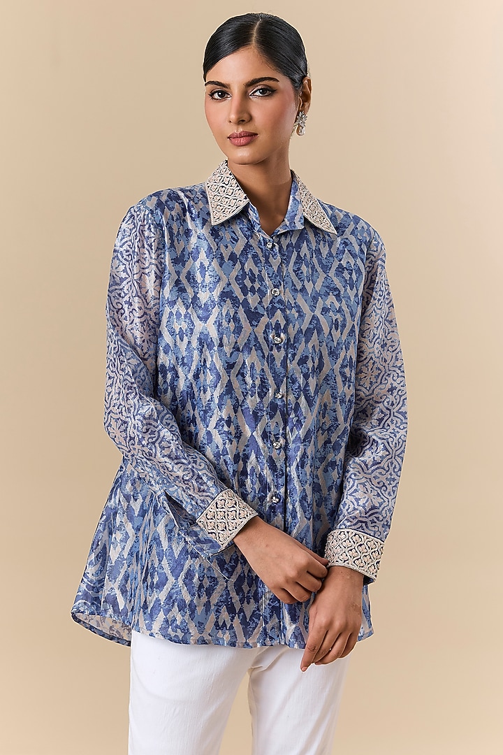 Indigo Denim & Kora Silk Block Printed Shirt by Prisha's at Pernia's Pop Up Shop