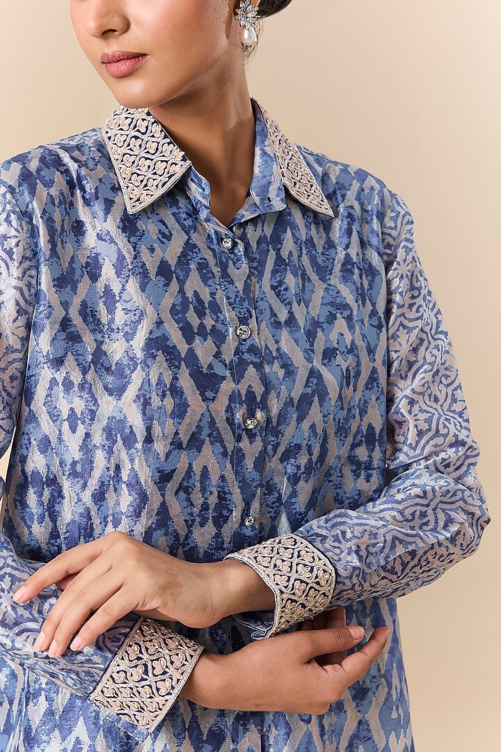 Indigo Denim & Kora Silk Block Printed Shirt by Prisha's at Pernia's Pop Up Shop