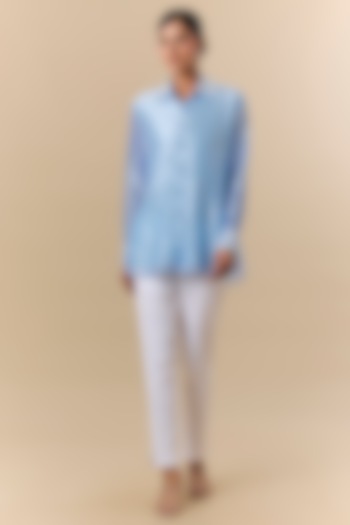 Blue Kora Silk Block Printed & Floral Embroidered Shirt by Prisha's at Pernia's Pop Up Shop