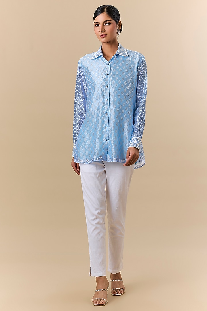 Blue Kora Silk Block Printed & Floral Embroidered Shirt by Prisha's at Pernia's Pop Up Shop