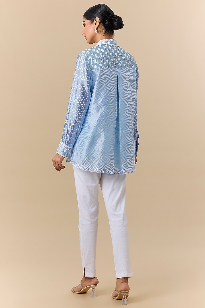 Blue Kora Silk Block Printed & Floral Embroidered Shirt by Prisha's at Pernia's Pop Up Shop