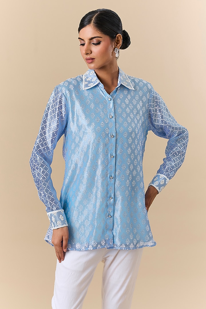 Blue Kora Silk Block Printed & Floral Embroidered Shirt by Prisha's at Pernia's Pop Up Shop