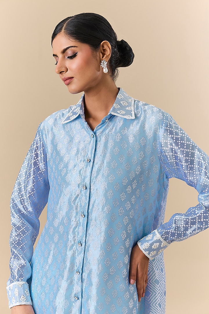 Blue Kora Silk Block Printed & Floral Embroidered Shirt by Prisha's at Pernia's Pop Up Shop