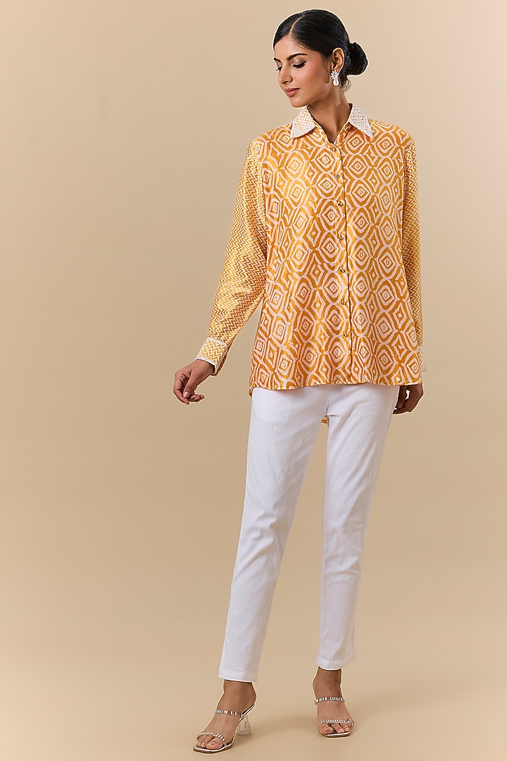 Orange Kora Silk Block Printed & Zardosi Embroidered Shirt by Prisha's at Pernia's Pop Up Shop