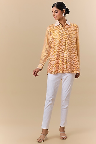 Orange Kora Silk Block Printed & Zardosi Embroidered Shirt by Prisha's