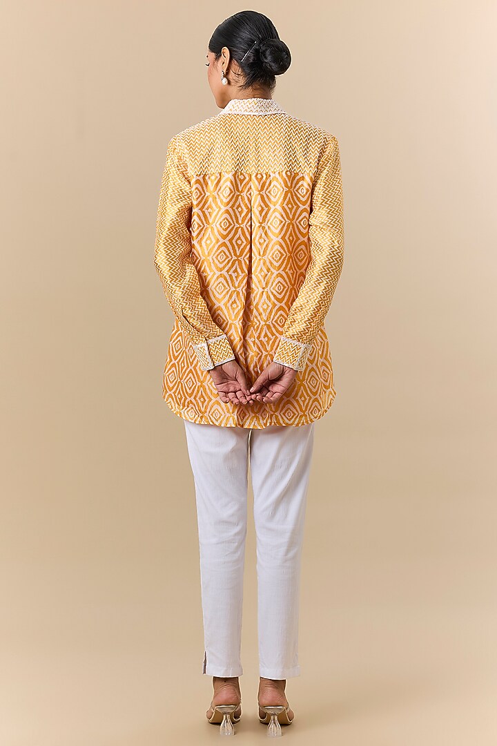 Orange Kora Silk Block Printed & Zardosi Embroidered Shirt by Prisha's at Pernia's Pop Up Shop