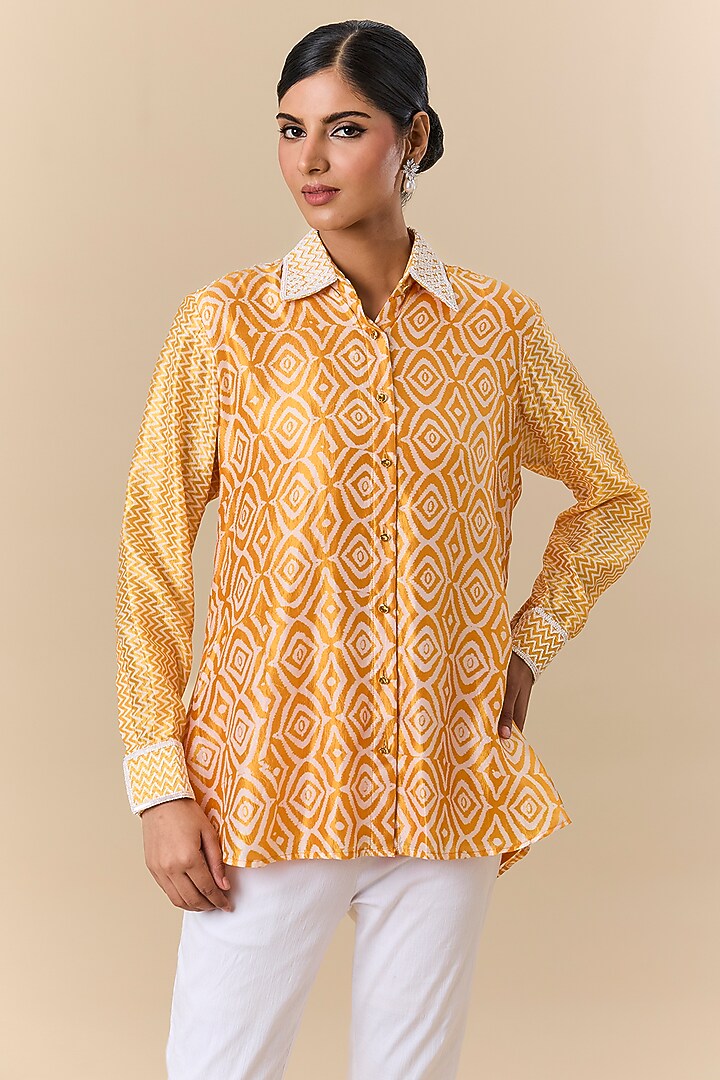 Orange Kora Silk Block Printed & Zardosi Embroidered Shirt by Prisha's at Pernia's Pop Up Shop