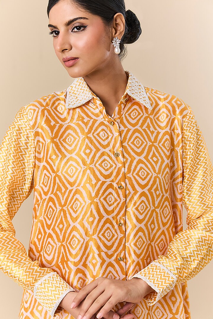 Orange Kora Silk Block Printed & Zardosi Embroidered Shirt by Prisha's at Pernia's Pop Up Shop
