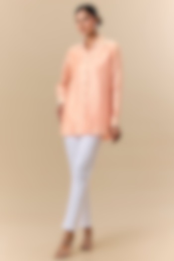 Light Peach Kora Silk Block Printed & Floral Embroidered Shirt by Prisha's at Pernia's Pop Up Shop