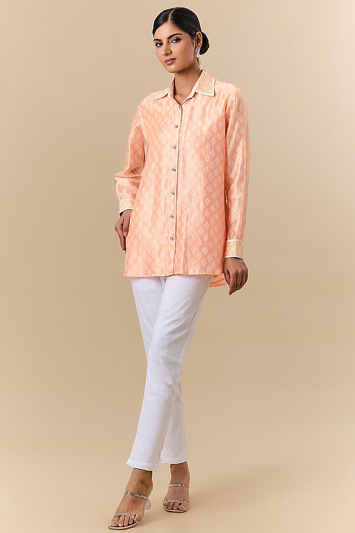 Light Peach Kora Silk Block Printed & Floral Embroidered Shirt by Prisha's at Pernia's Pop Up Shop
