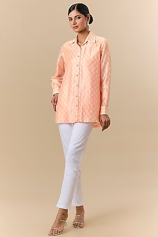 Light Peach Kora Silk Block Printed & Floral Embroidered Shirt by Prisha's