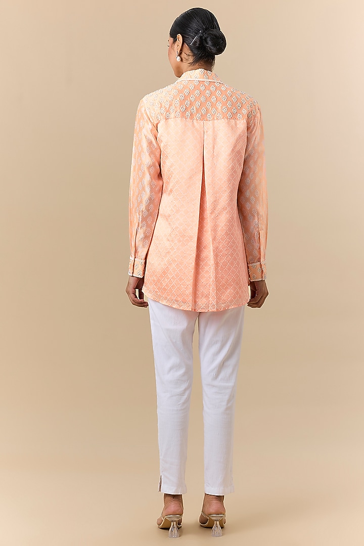 Light Peach Kora Silk Block Printed & Floral Embroidered Shirt by Prisha's at Pernia's Pop Up Shop