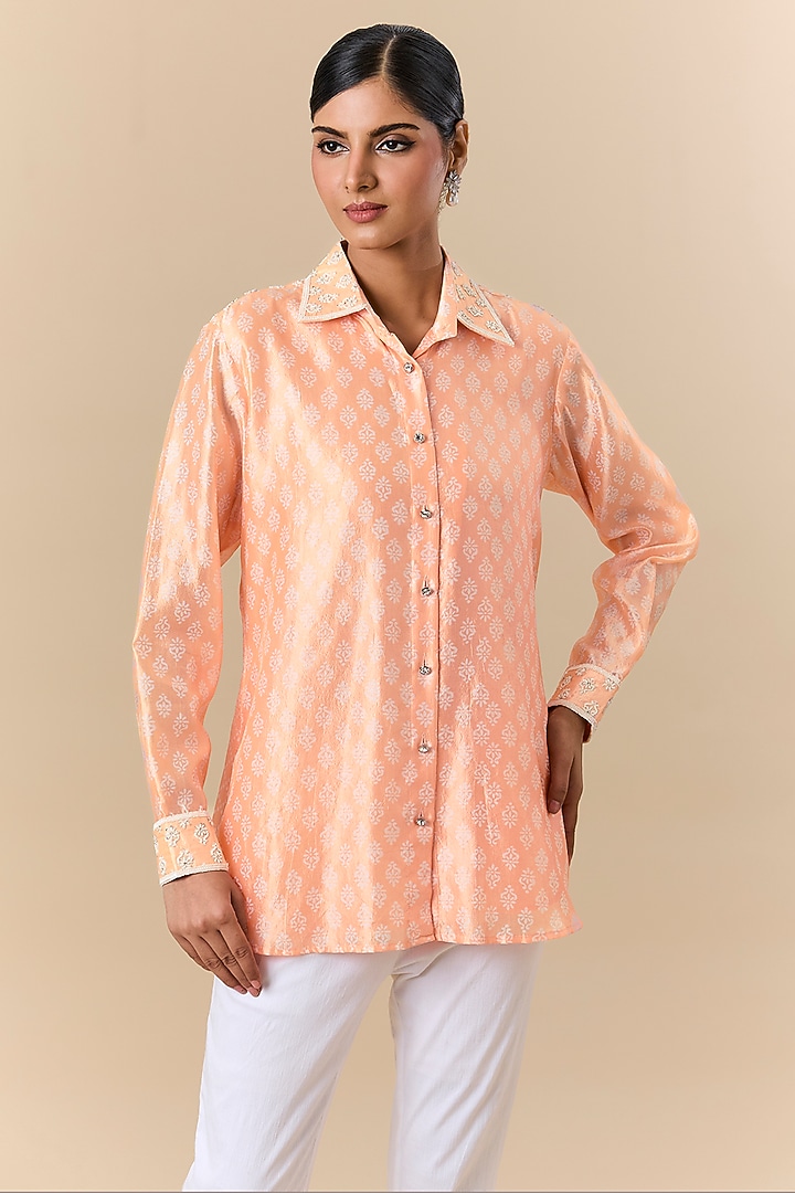 Light Peach Kora Silk Block Printed & Floral Embroidered Shirt by Prisha's at Pernia's Pop Up Shop