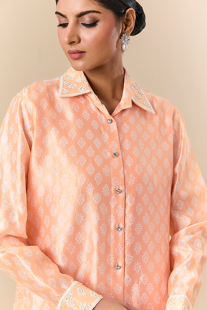 Light Peach Kora Silk Block Printed & Floral Embroidered Shirt by Prisha's at Pernia's Pop Up Shop