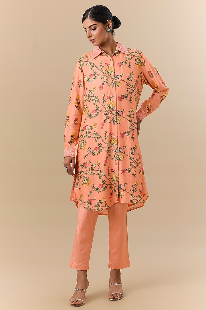 Peach Silk Digital Printed & Floral Embroidered Co-Ord Set by Prisha's at Pernia's Pop Up Shop
