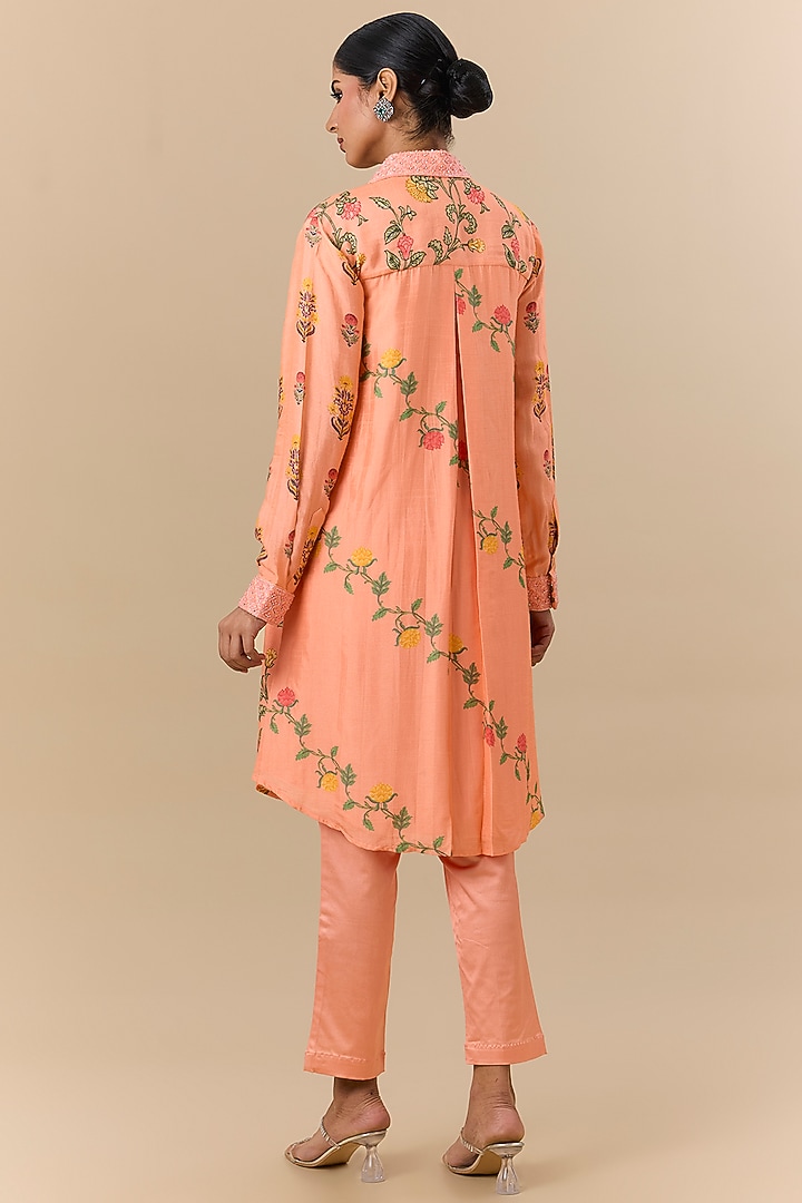 Peach Silk Digital Printed & Floral Embroidered Co-Ord Set by Prisha's at Pernia's Pop Up Shop