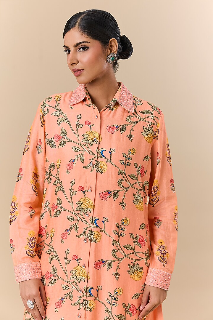 Peach Silk Digital Printed & Floral Embroidered Co-Ord Set by Prisha's at Pernia's Pop Up Shop