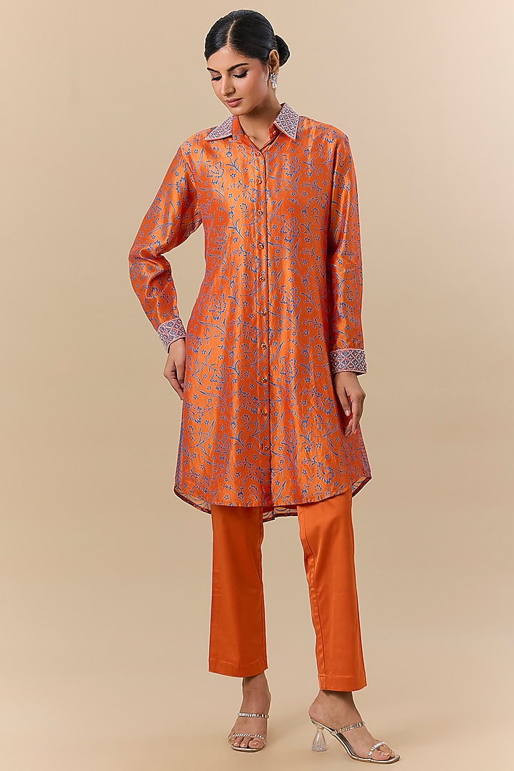 Orange & Blue Silk Digital Printed Co-Ord Set by Prisha's at Pernia's Pop Up Shop
