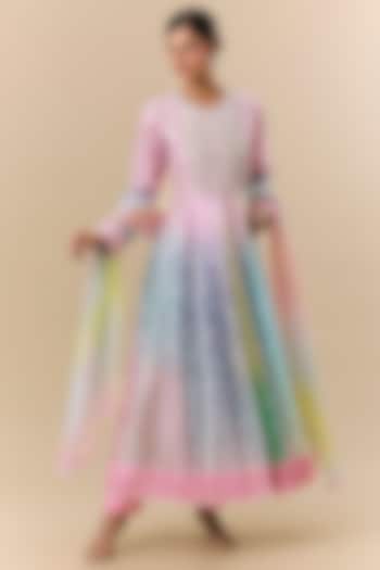 Multi-Colored Kora Silk Block Printed & Mirror Embroidered Kurta Set by Prisha's at Pernia's Pop Up Shop