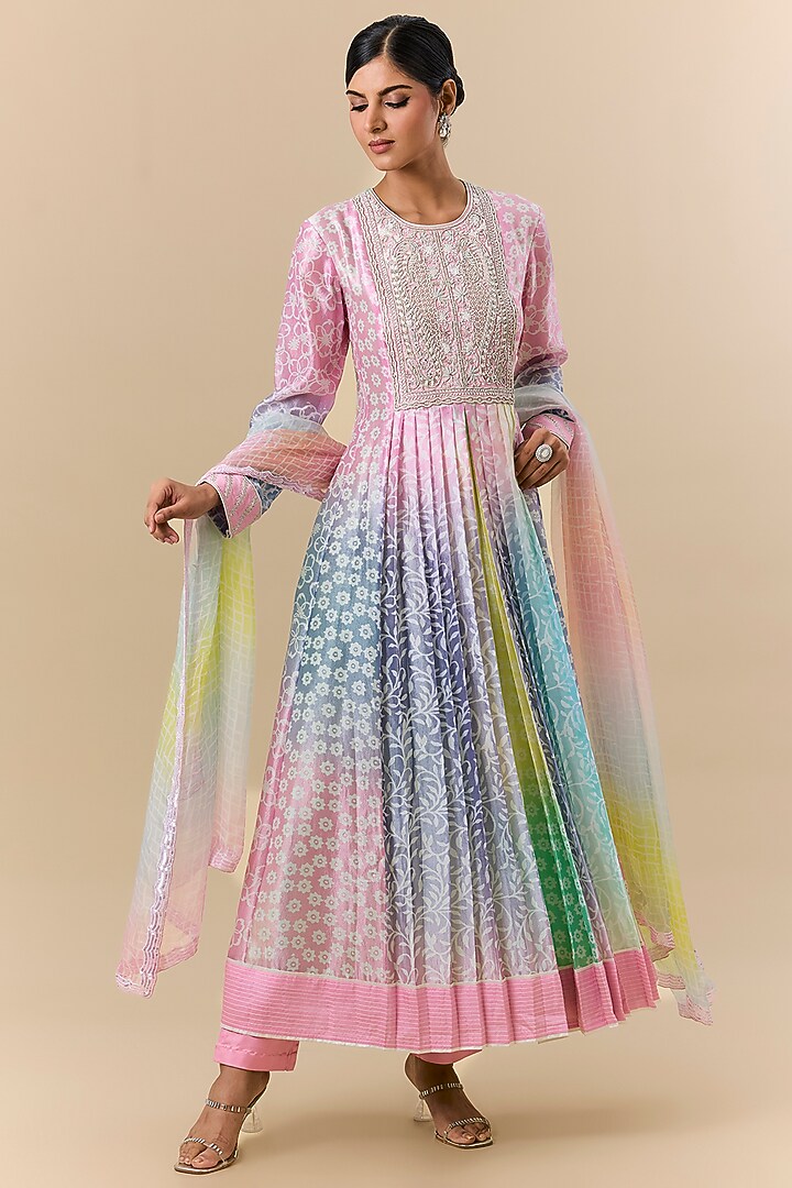 Multi-Colored Kora Silk Block Printed & Mirror Embroidered Kurta Set by Prisha's at Pernia's Pop Up Shop
