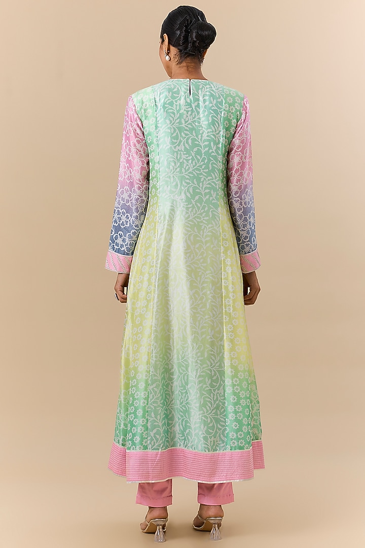 Multi-Colored Kora Silk Block Printed & Mirror Embroidered Kurta Set by Prisha's at Pernia's Pop Up Shop