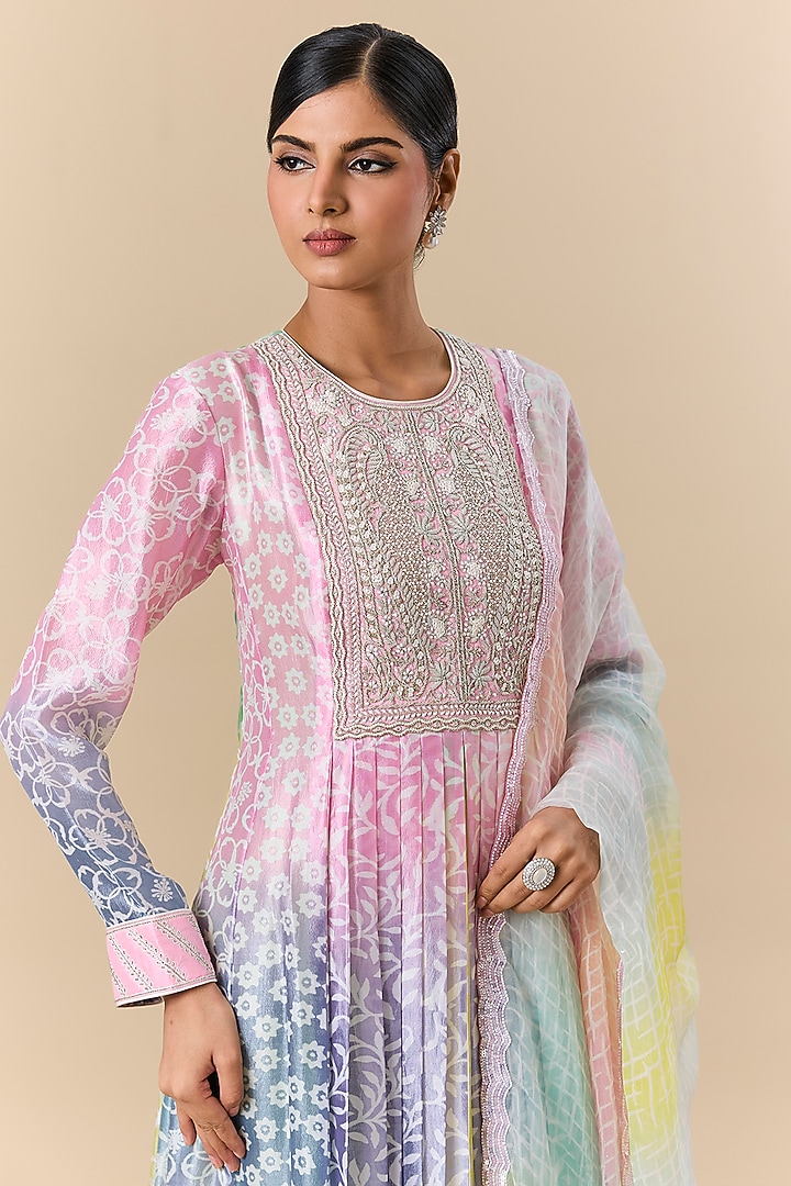 Multi-Colored Kora Silk Block Printed & Mirror Embroidered Kurta Set by Prisha's at Pernia's Pop Up Shop