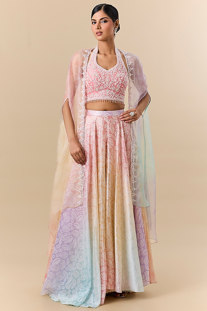 Multi-Colored Kora Silk Block Printed Skirt Set by Prisha's at Pernia's Pop Up Shop