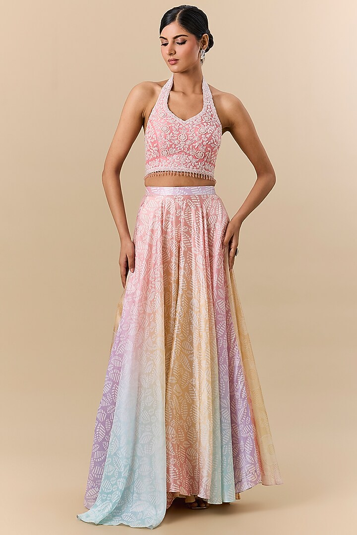 Multi-Colored Kora Silk Block Printed Skirt Set by Prisha's at Pernia's Pop Up Shop