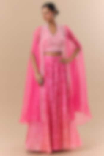 Pink Kora Silk Block Printed Skirt Set by Prisha's at Pernia's Pop Up Shop