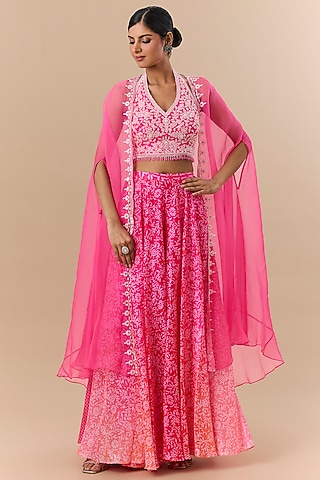 Pink Kora Silk Block Printed Skirt Set by Prisha's