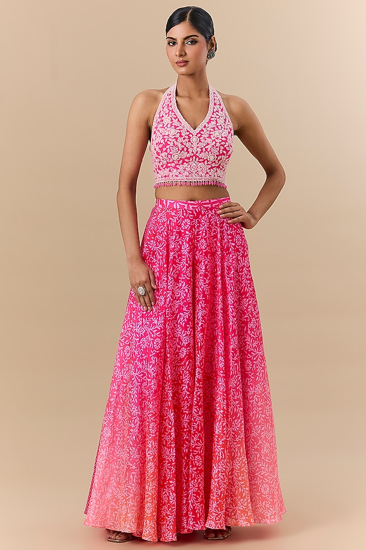 Pink Kora Silk Block Printed Skirt Set by Prisha's at Pernia's Pop Up Shop