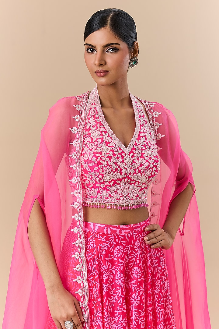 Pink Kora Silk Block Printed Skirt Set by Prisha's at Pernia's Pop Up Shop