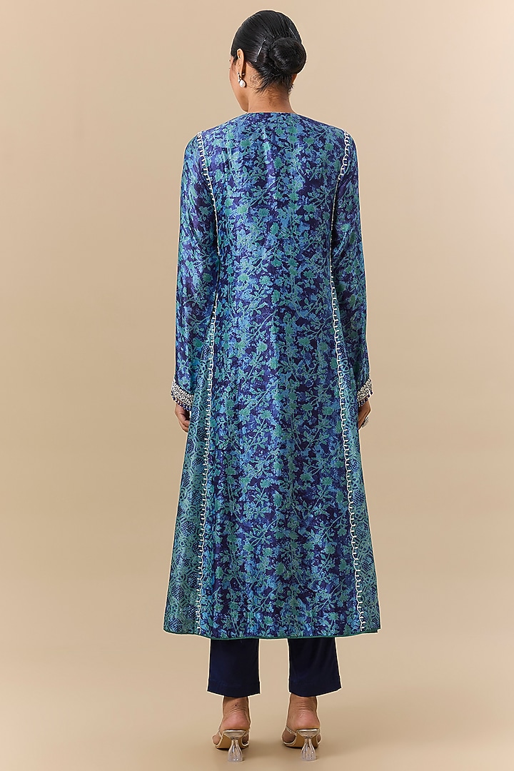 Blue Kora Silk Block Printed & Zardosi Embroidered Kalidar Kurta Set by Prisha's at Pernia's Pop Up Shop