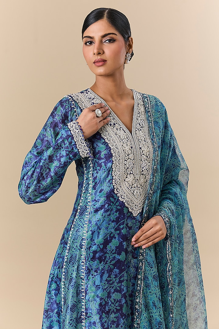 Blue Kora Silk Block Printed & Zardosi Embroidered Kalidar Kurta Set by Prisha's at Pernia's Pop Up Shop