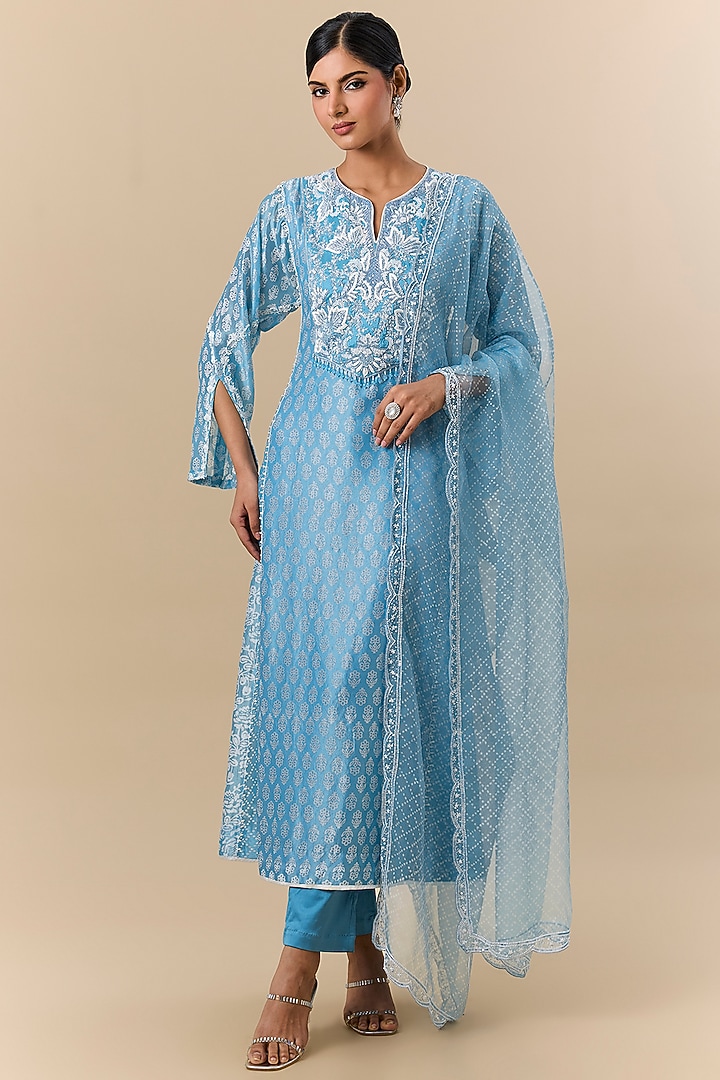Blue & White Kora Silk Crystal Embroidered Kurta Set by Prisha's at Pernia's Pop Up Shop