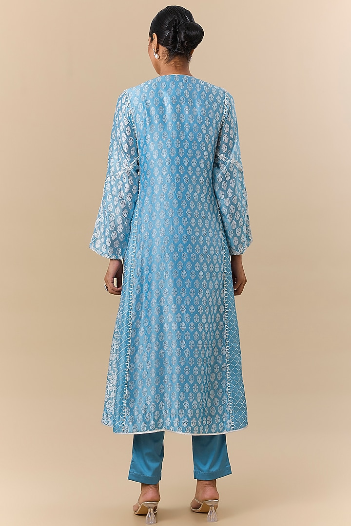 Blue & White Kora Silk Crystal Embroidered Kurta Set by Prisha's at Pernia's Pop Up Shop