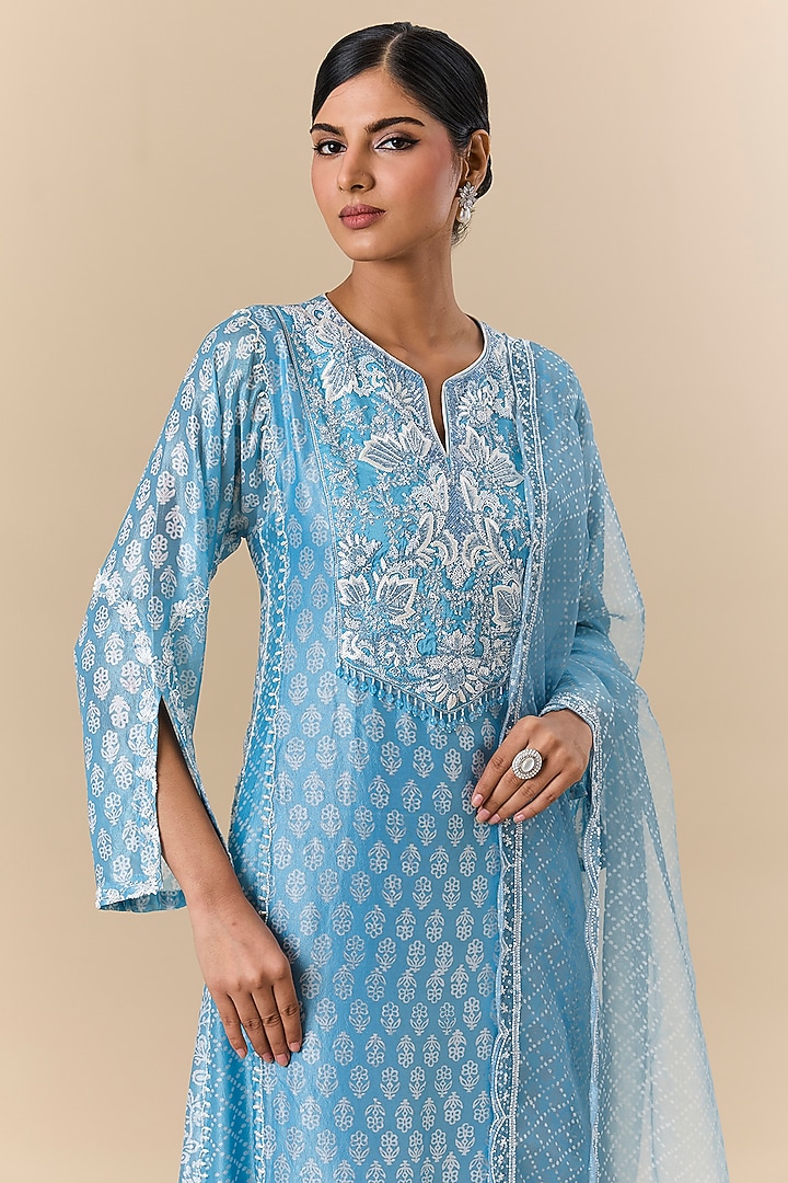 Blue & White Kora Silk Crystal Embroidered Kurta Set by Prisha's at Pernia's Pop Up Shop