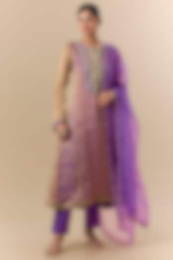 Purple Tissue Organza Block Printed & Floral Embroidered Kalidar Kurta Set by Prisha's at Pernia's Pop Up Shop