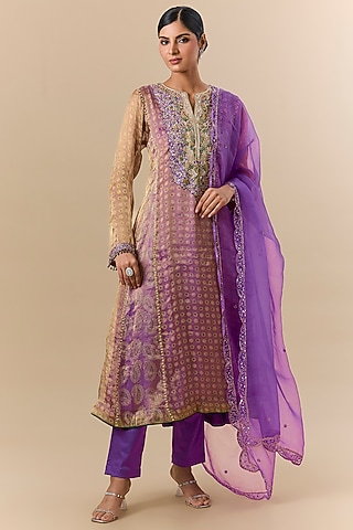 Purple Tissue Organza Block Printed & Floral Embroidered Kalidar Kurta Set by Prisha's