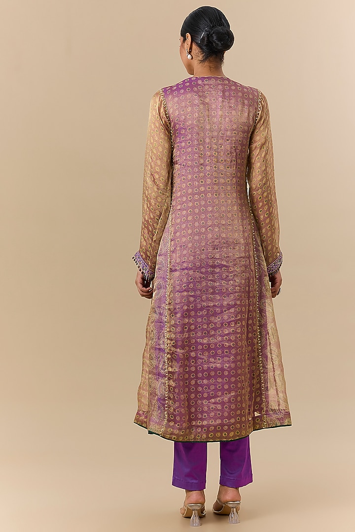 Purple Tissue Organza Block Printed & Floral Embroidered Kalidar Kurta Set by Prisha's at Pernia's Pop Up Shop