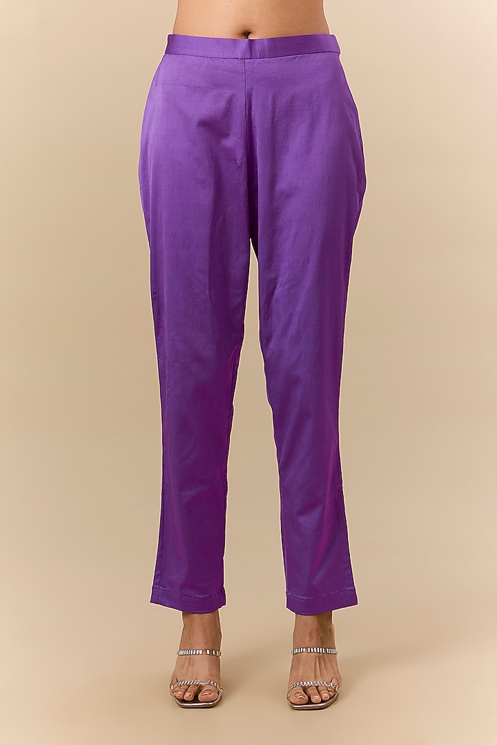 Purple Tissue Organza Block Printed & Floral Embroidered Kalidar Kurta Set by Prisha's at Pernia's Pop Up Shop