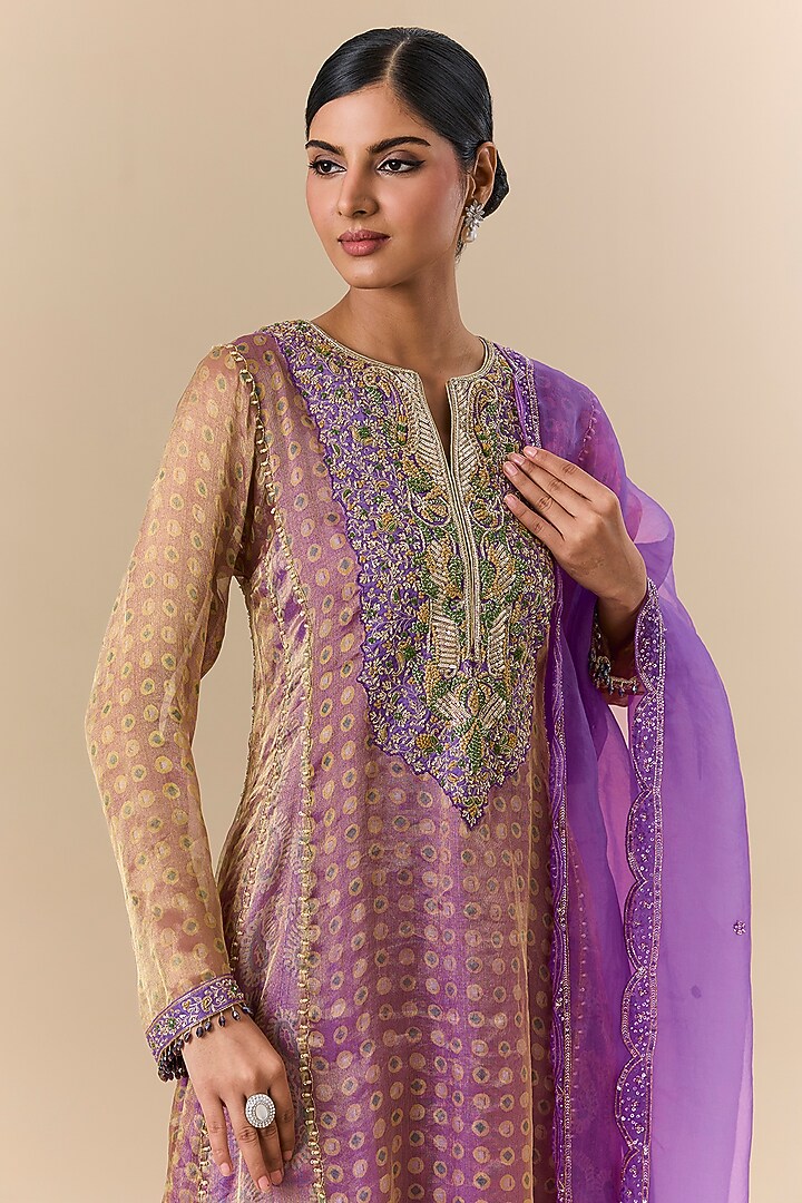 Purple Tissue Organza Block Printed & Floral Embroidered Kalidar Kurta Set by Prisha's at Pernia's Pop Up Shop