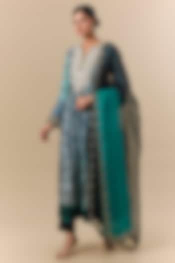 Blue Kora Silk Leheriya Printed & Badla Embroidered Kurta Set by Prisha's at Pernia's Pop Up Shop
