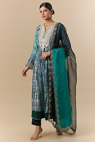 Blue Kora Silk Leheriya Printed & Badla Embroidered Kurta Set by Prisha's