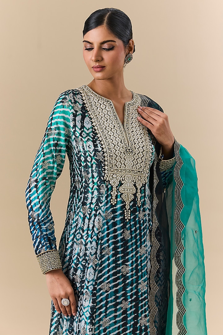 Blue Kora Silk Leheriya Printed & Badla Embroidered Kurta Set by Prisha's at Pernia's Pop Up Shop